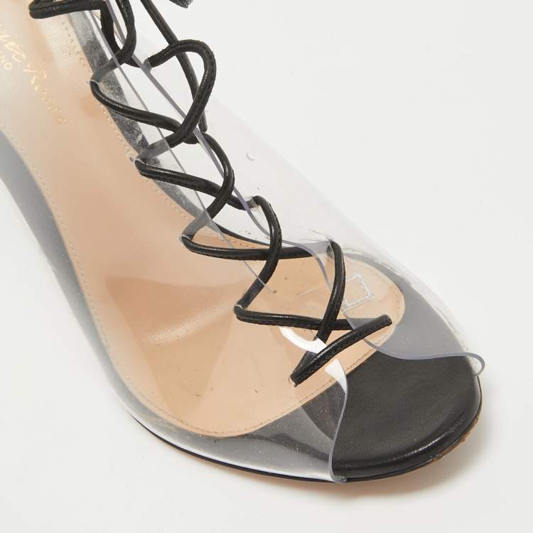 Pre Owned Gianvito Rossi Black Leather and PVC Helmut Lace Up Booties Size 39.5