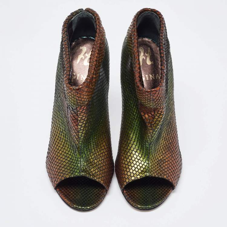 Pre Owned Gina Multicolor Python Peep Toe Booties Size 39