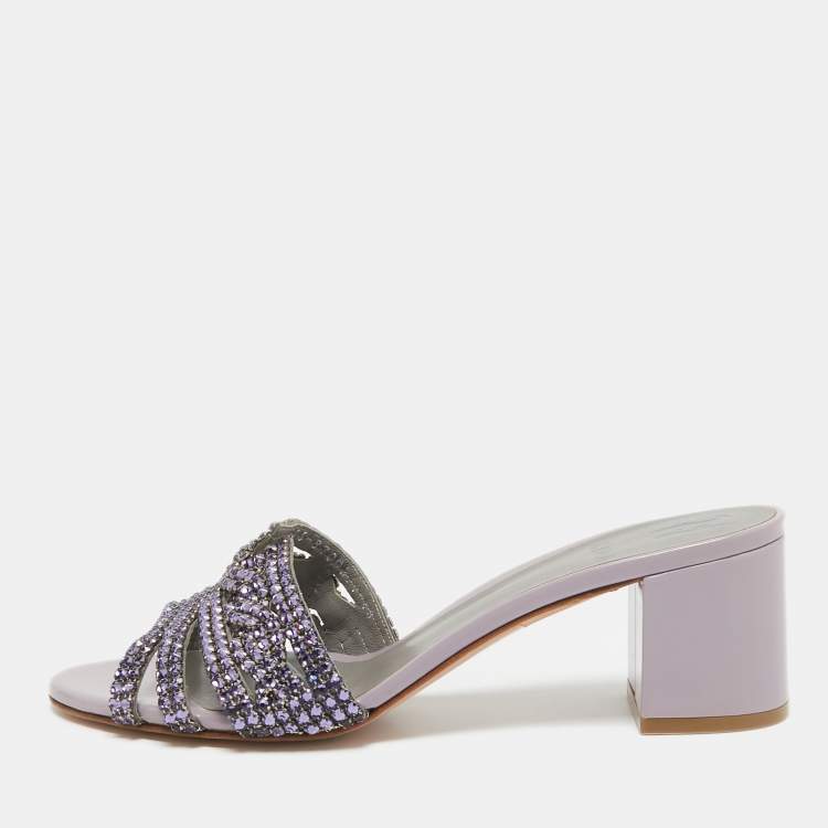 Pre Owned Gina Purple Crystal Embellished Leather Slide Sandals Size 40