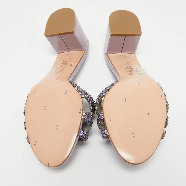 Pre Owned Gina Purple Crystal Embellished Leather Slide Sandals Size 40