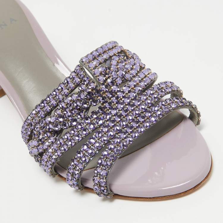 Pre Owned Gina Purple Crystal Embellished Leather Slide Sandals Size 40