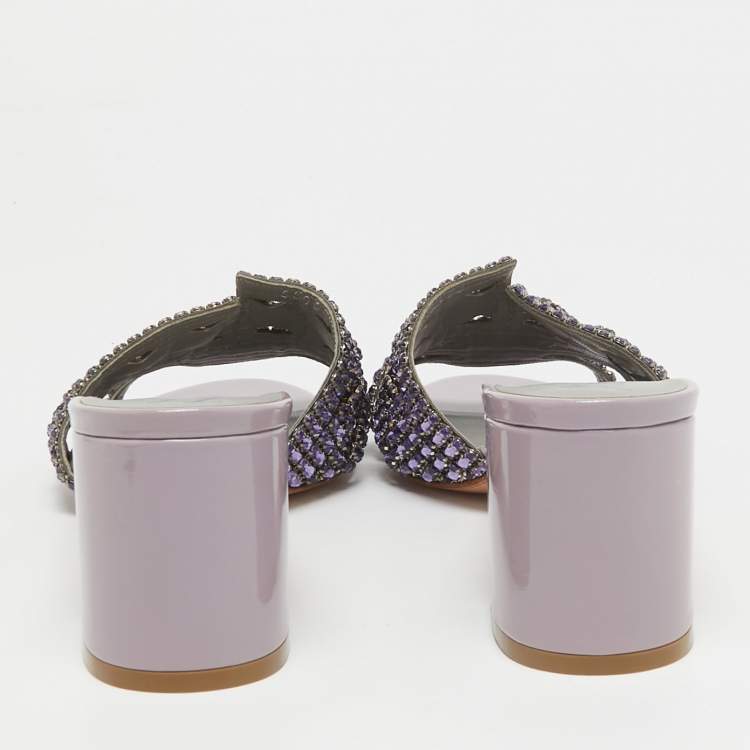 Pre Owned Gina Purple Crystal Embellished Leather Slide Sandals Size 40