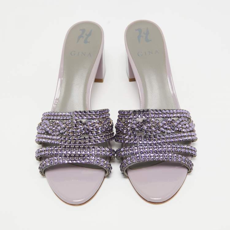 Pre Owned Gina Purple Crystal Embellished Leather Slide Sandals Size 40