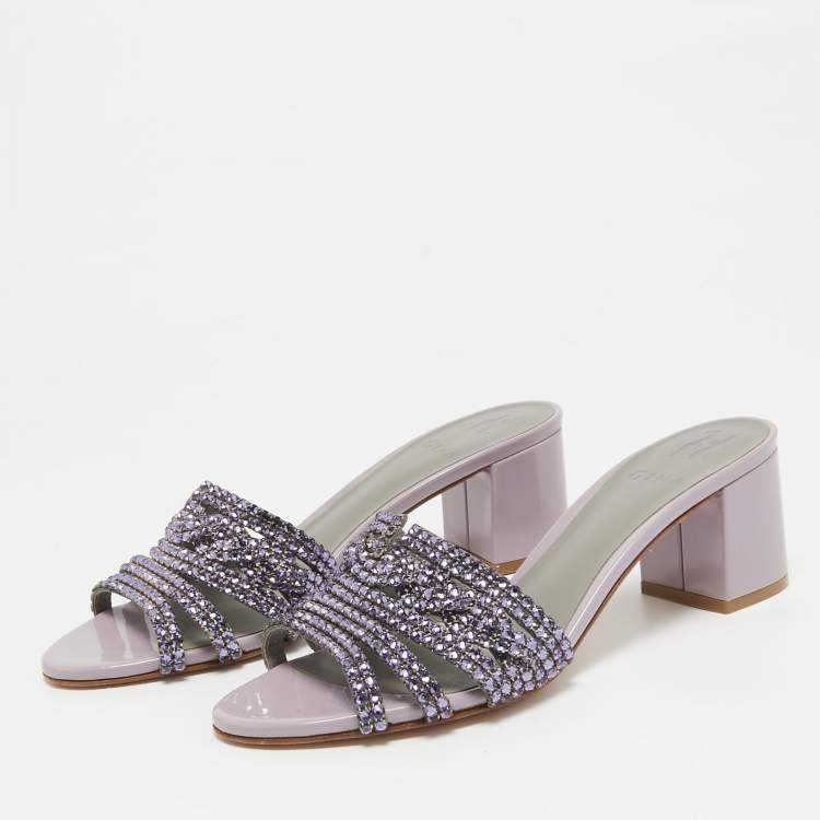 Pre Owned Gina Purple Crystal Embellished Leather Slide Sandals Size 40