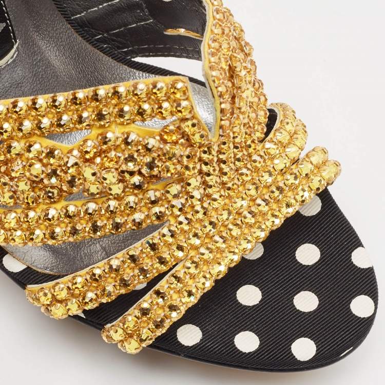 Pre Owned Gina Gold/Black Crystal Embellished Polka Dot Fabric Slide Sandals Size 36.5
