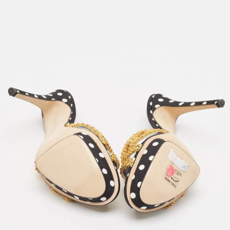 Pre Owned Gina Gold/Black Crystal Embellished Polka Dot Fabric Slide Sandals Size 36.5