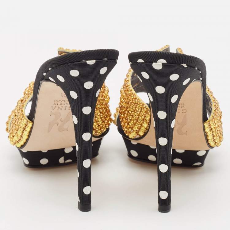 Pre Owned Gina Gold/Black Crystal Embellished Polka Dot Fabric Slide Sandals Size 36.5