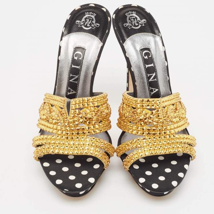 Pre Owned Gina Gold/Black Crystal Embellished Polka Dot Fabric Slide Sandals Size 36.5