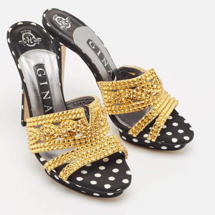 Pre Owned Gina Gold/Black Crystal Embellished Polka Dot Fabric Slide Sandals Size 36.5
