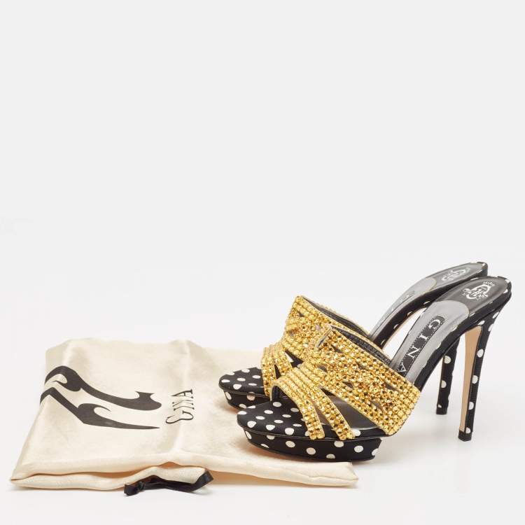 Pre Owned Gina Gold/Black Crystal Embellished Polka Dot Fabric Slide Sandals Size 36.5