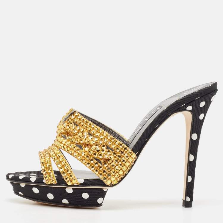 Pre Owned Gina Gold/Black Crystal Embellished Polka Dot Fabric Slide Sandals Size 36.5