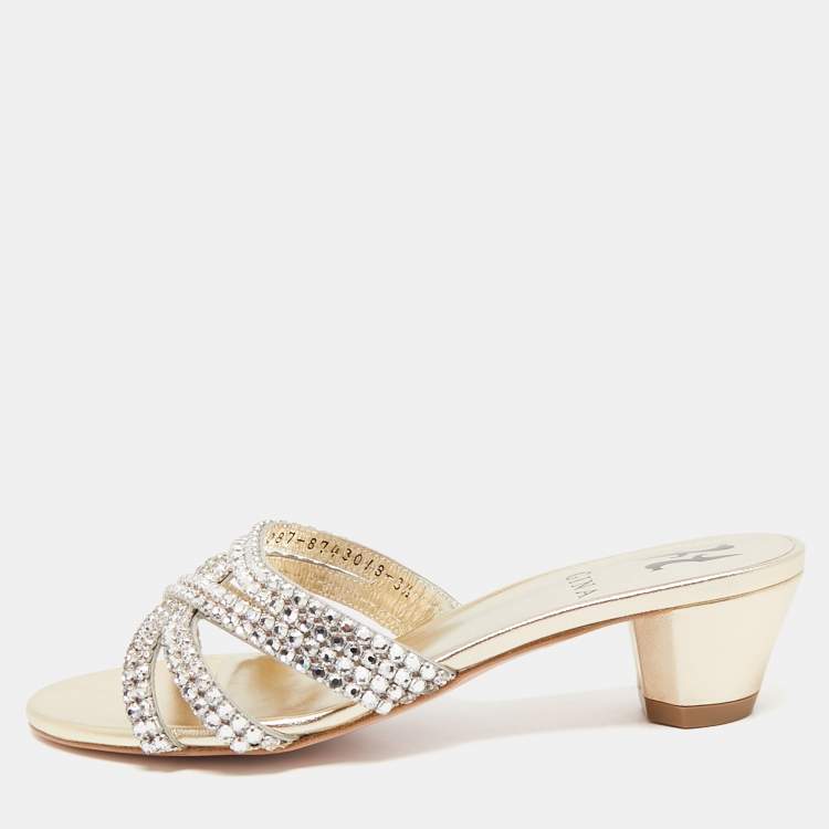 Pre Owned Gina Gold Leather Crystal Embellished Gabriella Slide Sandals Size 36.5