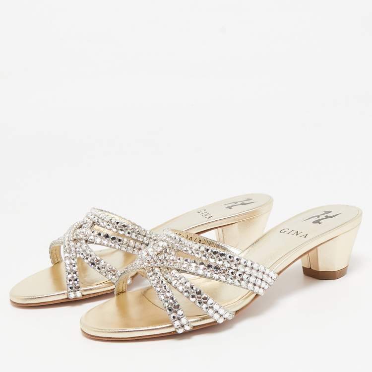 Pre Owned Gina Gold Leather Crystal Embellished Gabriella Slide Sandals Size 36.5