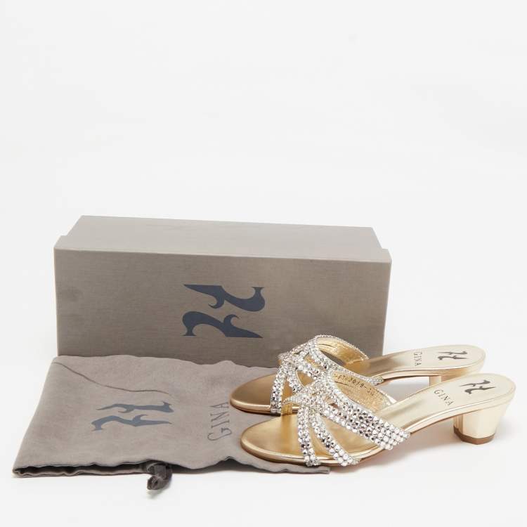Pre Owned Gina Gold Leather Crystal Embellished Gabriella Slide Sandals Size 36.5