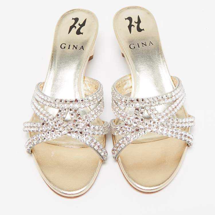 Pre Owned Gina Gold Leather Crystal Embellished Gabriella Slide Sandals Size 36.5