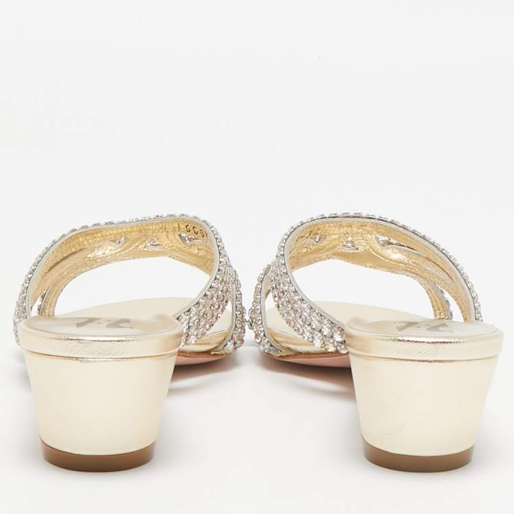 Pre Owned Gina Gold Leather Crystal Embellished Gabriella Slide Sandals Size 36.5