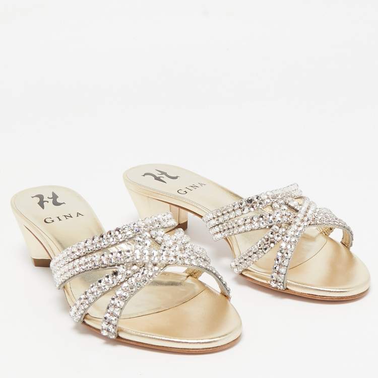 Pre Owned Gina Gold Leather Crystal Embellished Gabriella Slide Sandals Size 36.5