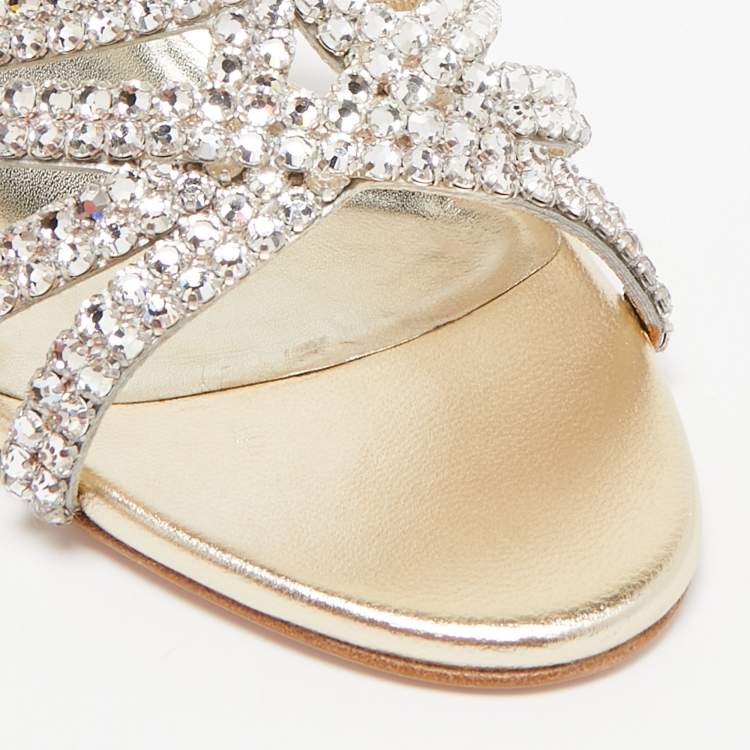 Pre Owned Gina Gold Leather Crystal Embellished Gabriella Slide Sandals Size 36.5