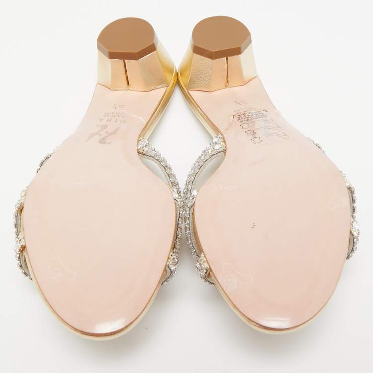 Pre Owned Gina Gold Leather Crystal Embellished Gabriella Slide Sandals Size 36.5