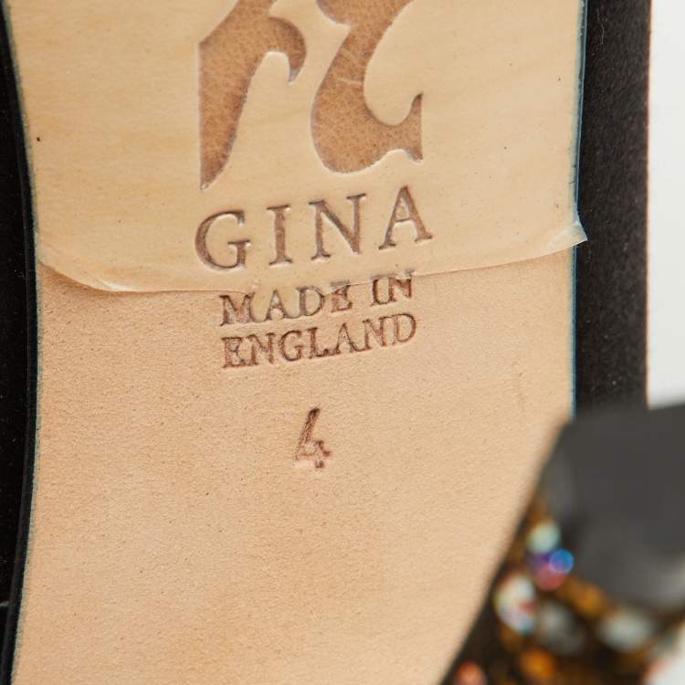 Pre Owned Gina Black Satin Crystal Embellished Peep Toe Platform Pumps Size 37
