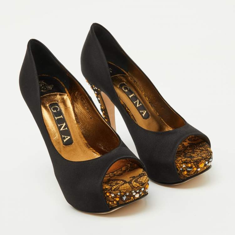 Pre Owned Gina Black Satin Crystal Embellished Peep Toe Platform Pumps Size 37