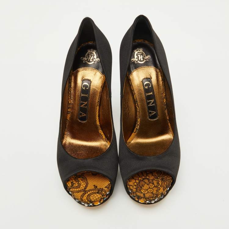 Pre Owned Gina Black Satin Crystal Embellished Peep Toe Platform Pumps Size 37