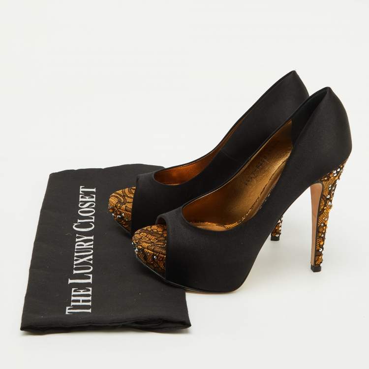 Pre Owned Gina Black Satin Crystal Embellished Peep Toe Platform Pumps Size 37