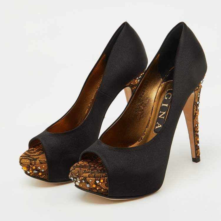 Pre Owned Gina Black Satin Crystal Embellished Peep Toe Platform Pumps Size 37
