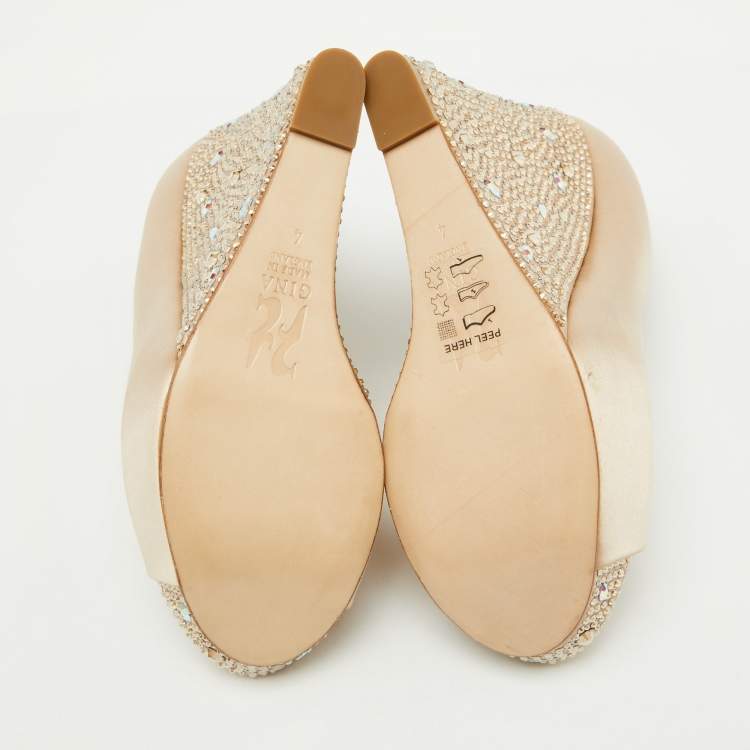 Pre Owned Gina Beige Satin Crystal Embellished Peep Toe Platform Wedge Pumps Size 37