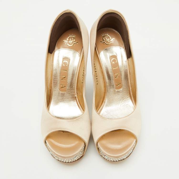 Pre Owned Gina Beige Satin Crystal Embellished Peep Toe Platform Wedge Pumps Size 37