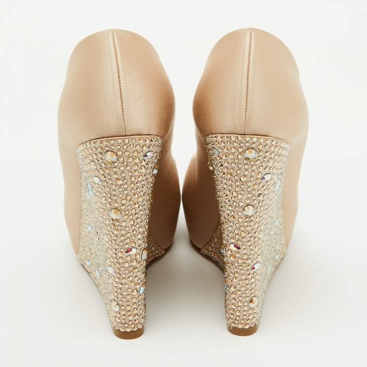 Pre Owned Gina Beige Satin Crystal Embellished Peep Toe Platform Wedge Pumps Size 37