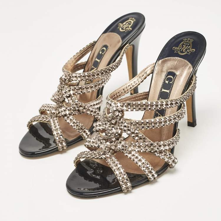 Pre Owned Gina Rose Gold Leather Crystal Embellished Slide Sandals Size 37