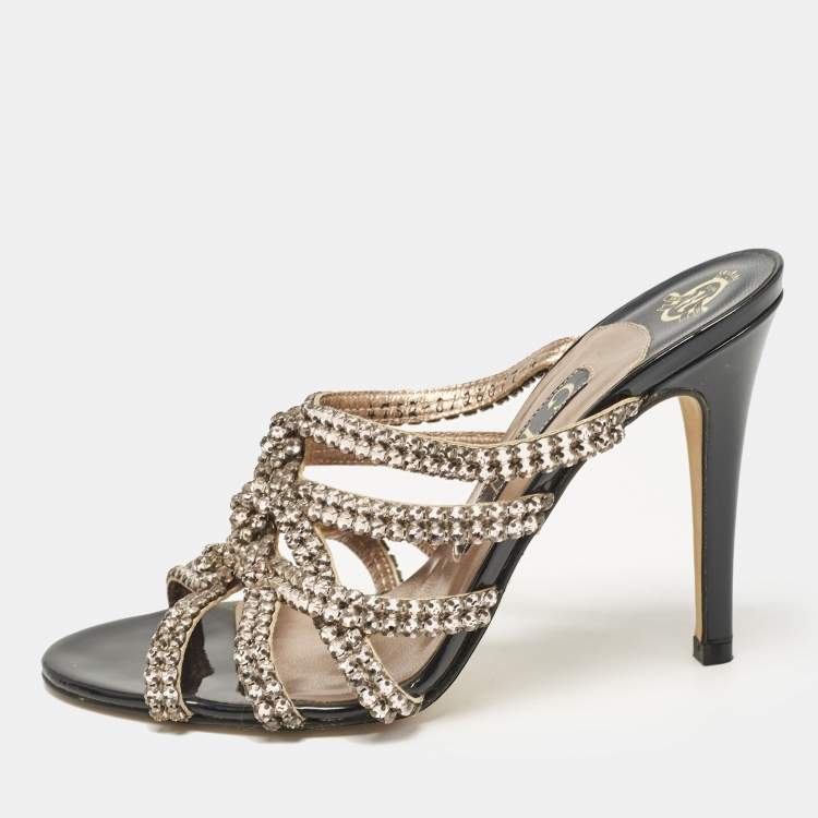 Pre Owned Gina Rose Gold Leather Crystal Embellished Slide Sandals Size 37