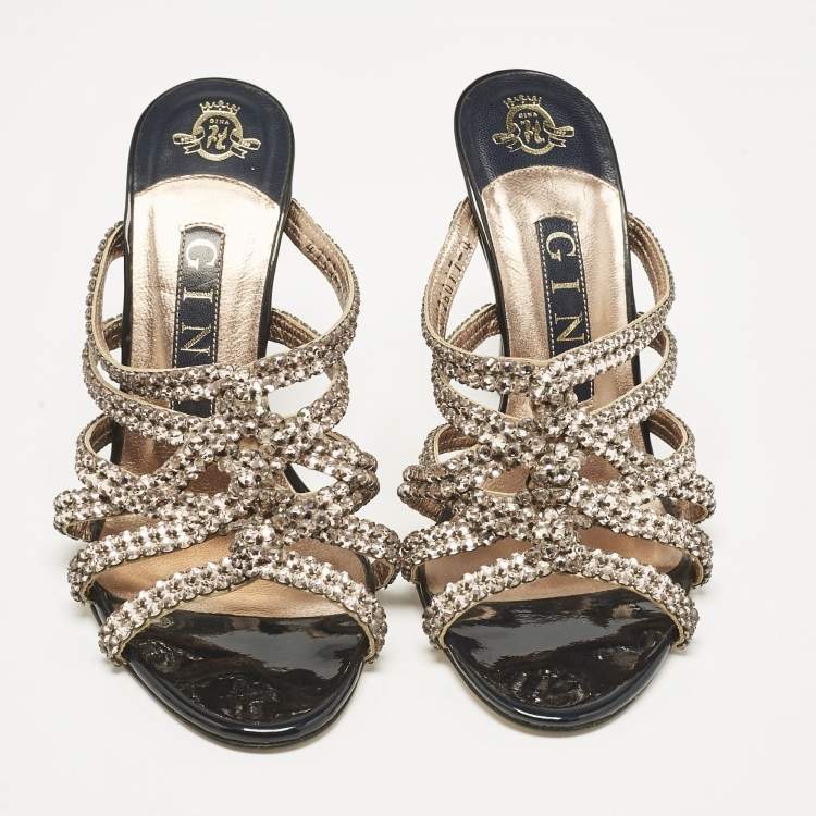 Pre Owned Gina Rose Gold Leather Crystal Embellished Slide Sandals Size 37