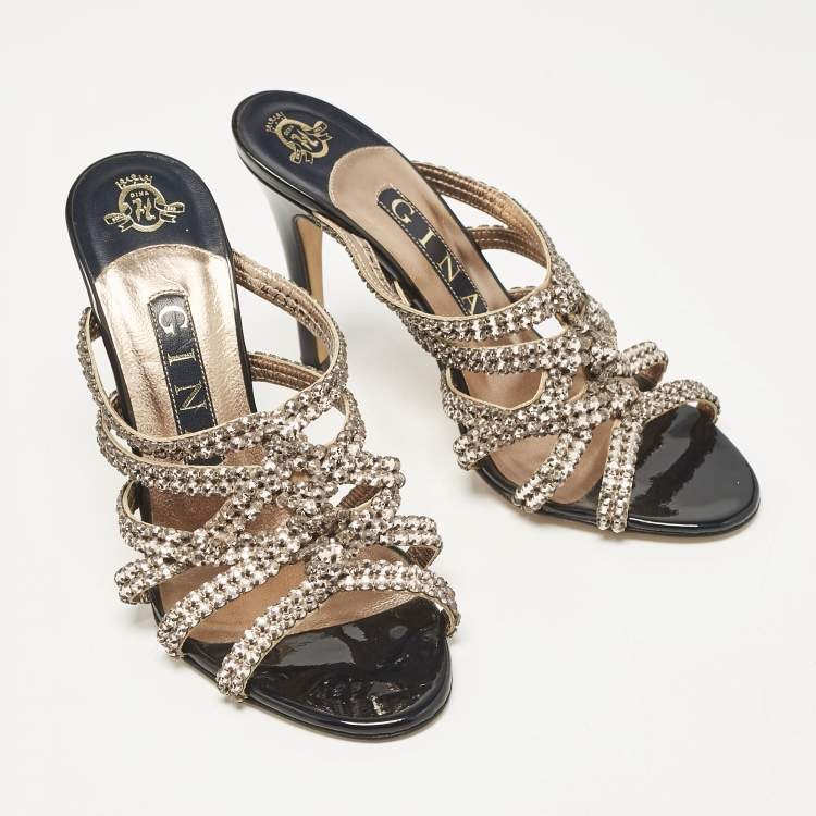 Pre Owned Gina Rose Gold Leather Crystal Embellished Slide Sandals Size 37