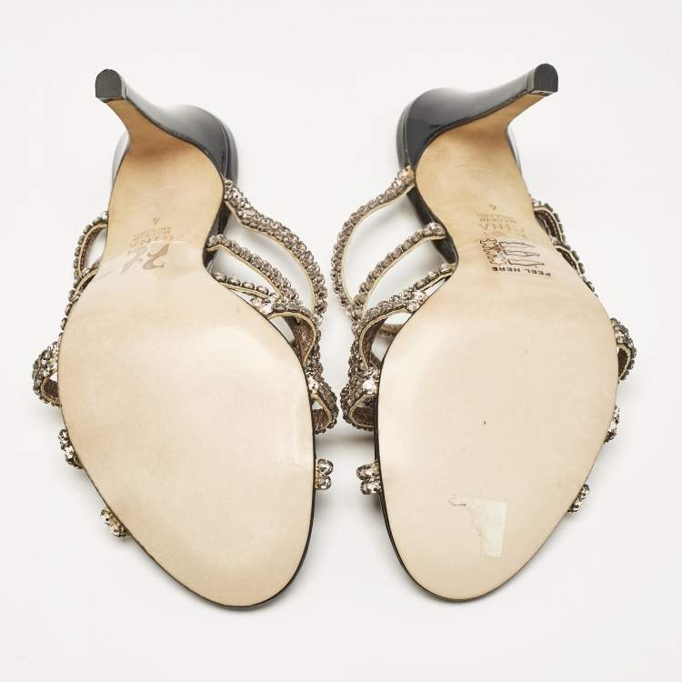 Pre Owned Gina Rose Gold Leather Crystal Embellished Slide Sandals Size 37