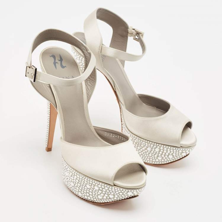 Pre Owned Gina Grey Satin Crystal Embellished Platform Sandals Size 40