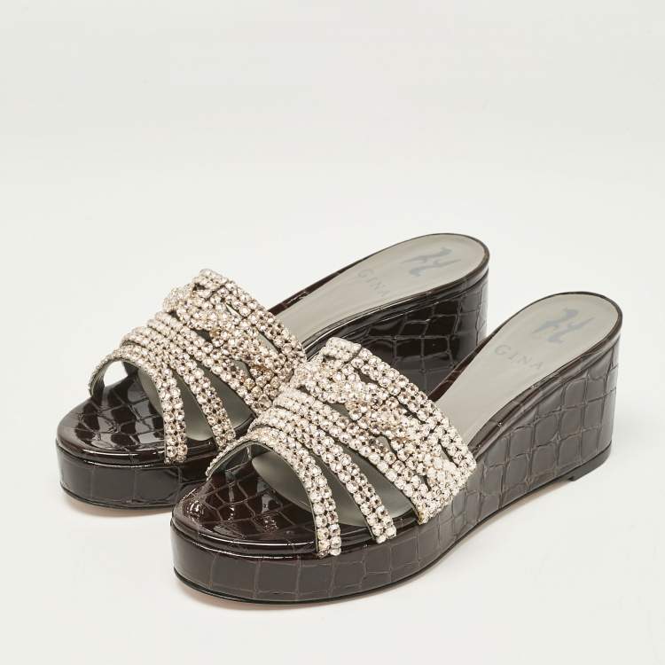 Pre Owned Gina Brown Leather Crystal Embellished Phoenix Slide Sandals Size 37