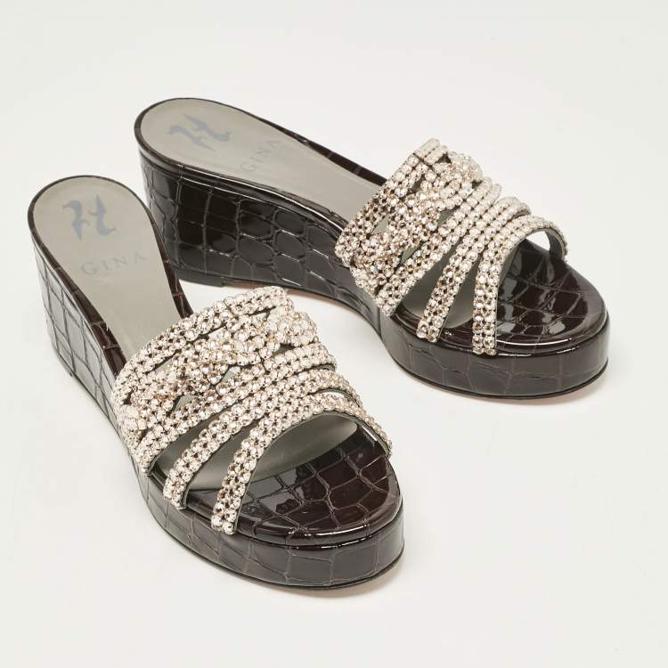Pre Owned Gina Brown Leather Crystal Embellished Phoenix Slide Sandals Size 37