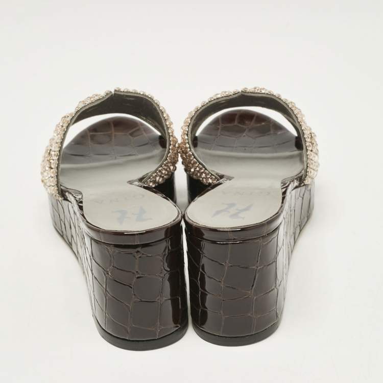 Pre Owned Gina Brown Leather Crystal Embellished Phoenix Slide Sandals Size 37