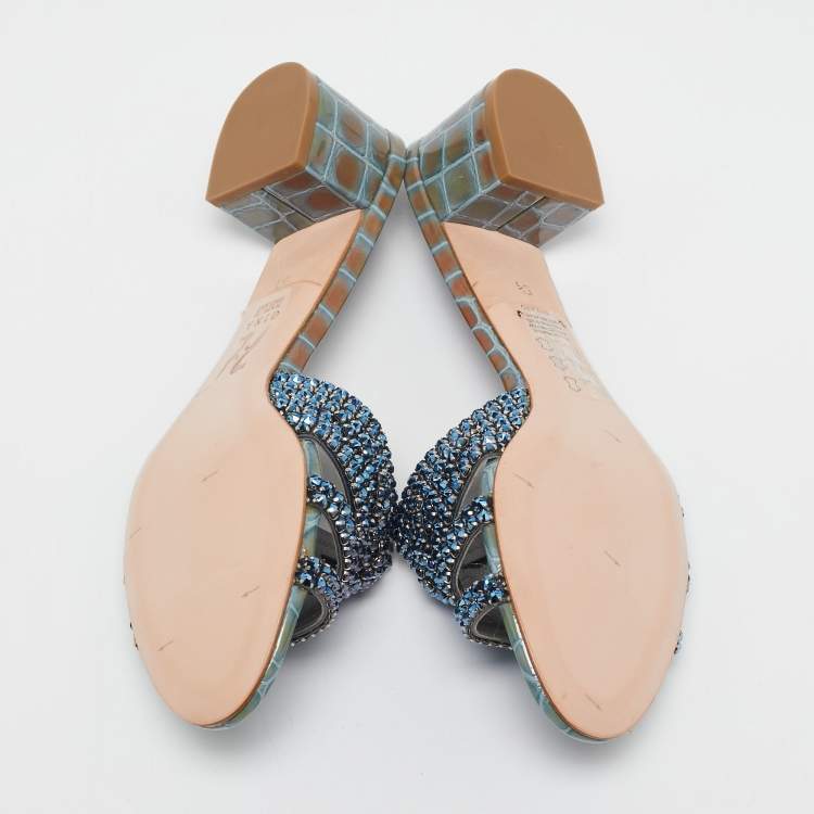 Pre Owned Gina Green/Blue Croc Embossed Patent Leather Rodeo Slide Sandals Size 38.5