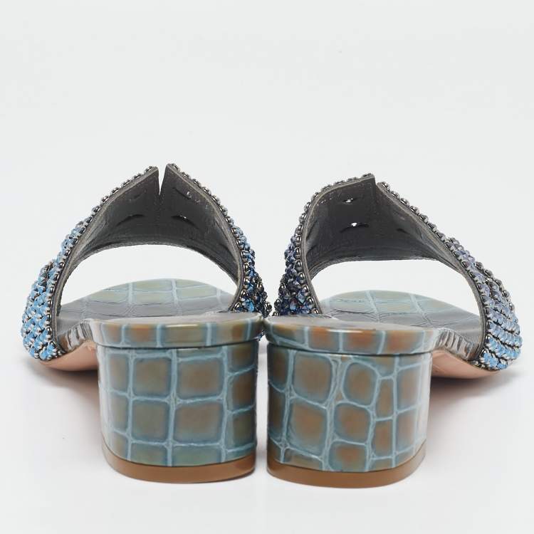 Pre Owned Gina Green/Blue Croc Embossed Patent Leather Rodeo Slide Sandals Size 38.5