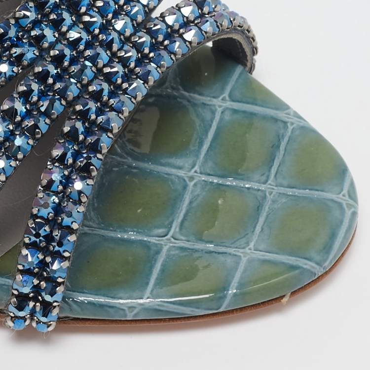 Pre Owned Gina Green/Blue Croc Embossed Patent Leather Rodeo Slide Sandals Size 38.5