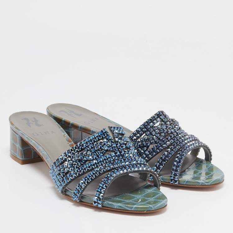 Pre Owned Gina Green/Blue Croc Embossed Patent Leather Rodeo Slide Sandals Size 38.5