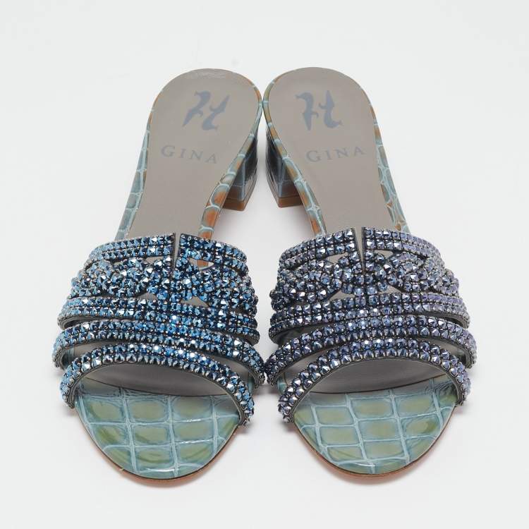 Pre Owned Gina Green/Blue Croc Embossed Patent Leather Rodeo Slide Sandals Size 38.5