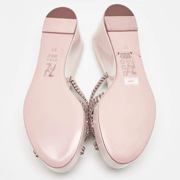 Pre Owned Gina Pink Leather Crystal Embellished Milo Slide Sandals Size 39