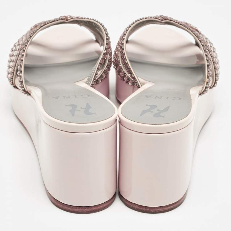 Pre Owned Gina Pink Leather Crystal Embellished Milo Slide Sandals Size 39