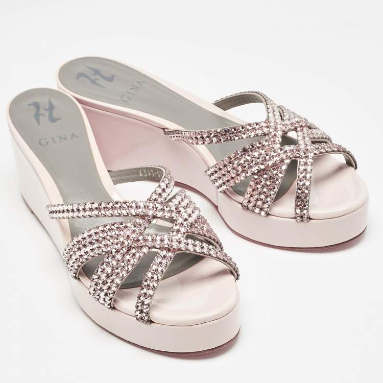 Pre Owned Gina Pink Leather Crystal Embellished Milo Slide Sandals Size 39