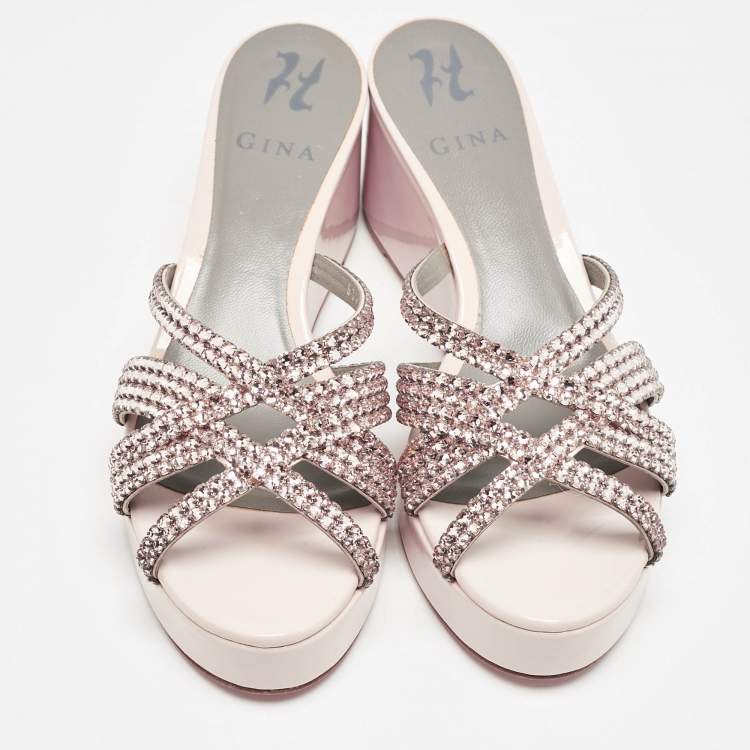 Pre Owned Gina Pink Leather Crystal Embellished Milo Slide Sandals Size 39