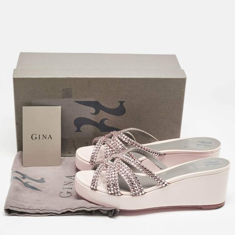 Pre Owned Gina Pink Leather Crystal Embellished Milo Slide Sandals Size 39